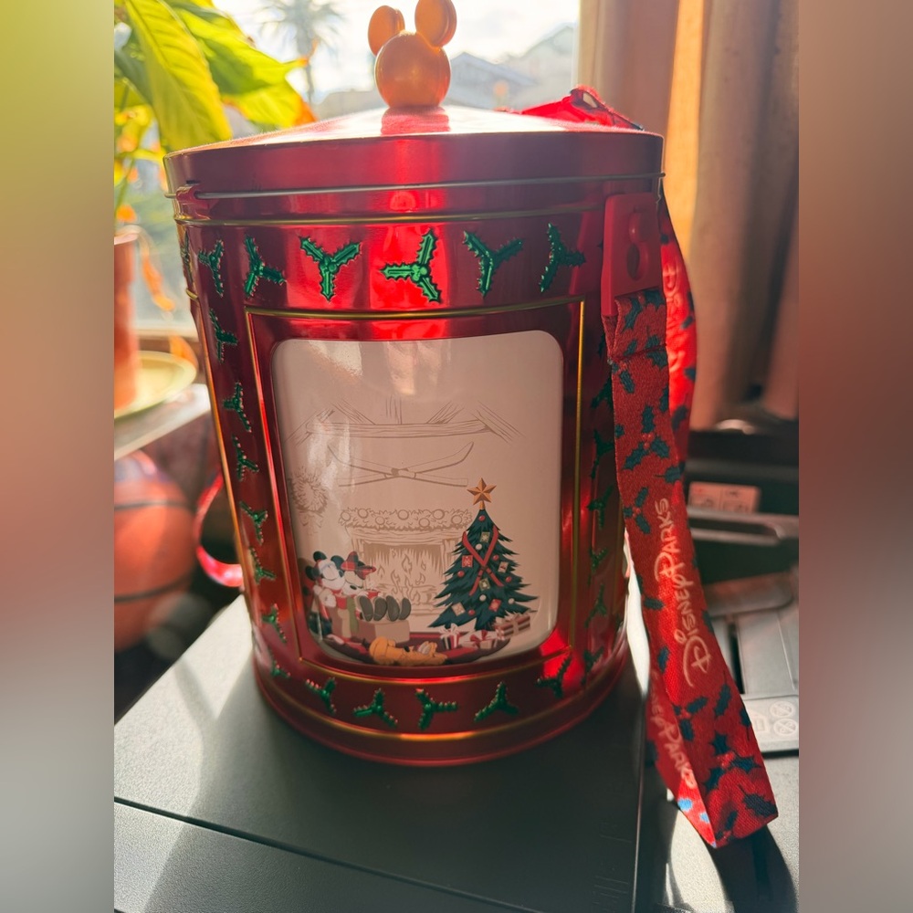 Disneyland Christmas 2023 Festive Red Popcorn tin with Mickey Mouse and Friends
